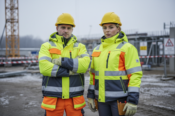 Professionals wearing high-visibility winter work jackets on a construction site in cold weather conditions