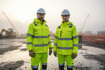 Construction workers wearing waterproof hi-vis workwear for safety and visibility on wet job sites