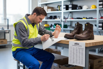 Workwear professional measuring foot for Jalas safety shoes using the Jalas turvakengät size chart for accurate fit