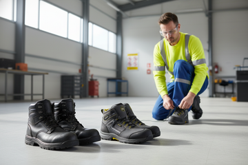 Modern composite safety boots for workplace protection shown in a warehouse setting for professional buyers