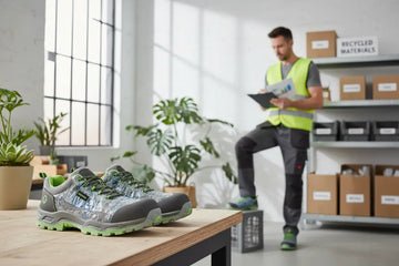 Modern eco-friendly safety shoes in a sustainable workplace for professionals choosing green workwear