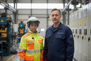 Workwear comparison EN ISO 11612 vs. IEC 61482-2 with professionals in certified protective clothing in an industrial setting