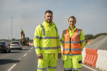 Workers wearing EN ISO 20471 high-visibility safety clothing on a busy road construction site