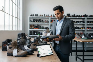 Workwear buyer using digital tools to compare safety boots for professional workplace selection