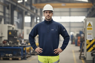 Industrial worker wearing a flame resistant sweatshirt for enhanced workplace safety in a modern factory setting