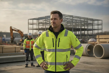 Worker wearing hi vis softshell jacket at a construction site, ideal for professional safety workwear