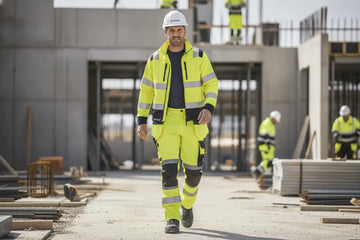 Construction worker wearing hi vis stretch work trousers for safety and comfort on a busy job site