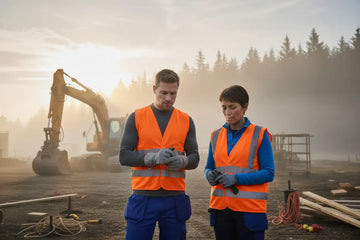 Construction workers wearing merino wool baselayer tops and high-visibility vests at a job site in the morning
