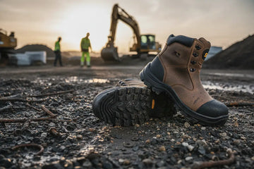 Durable S3 safety shoes on a construction site, ideal for professional workwear and workplace protection