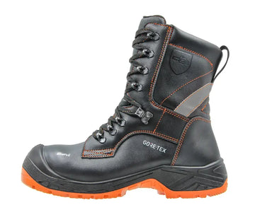 Durable Sievi Timber safety boot with orange sole. Safety Boot for Forestry Professionals.