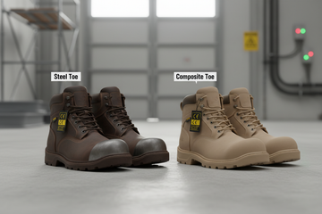 Steel toe and composite toe boots side by side for a safety footwear comparison guide for EU professionals