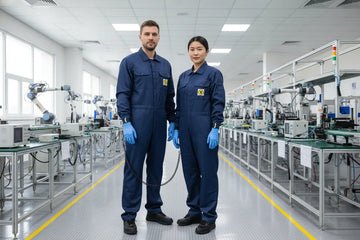 Workers in anti-static workwear safety suits and gloves standing in a modern electronics manufacturing facility