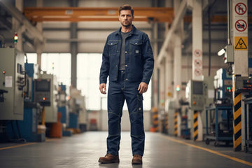 Worker wearing flame resistant work trousers and jacket in a modern industrial factory setting for safety compliance