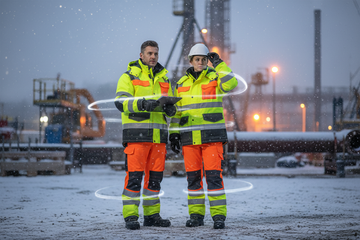 Professionals wearing hi-vis winter workwear stay safe and visible on a snowy construction site