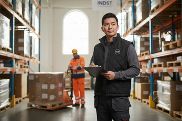 Warehouse worker wearing a bodywarmer and using a checklist for workwear bodywarmer buying guide