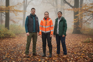 Professionals wearing durable workwear for autumn in a forest setting, showcasing seasonal safety and comfort