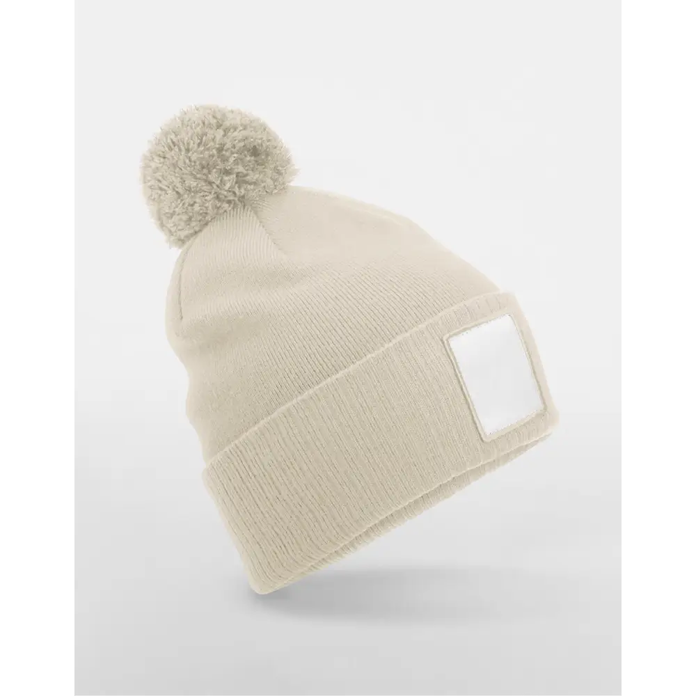 Beechfield Appliqué Patch Pom Beanie - Oatmeal/White