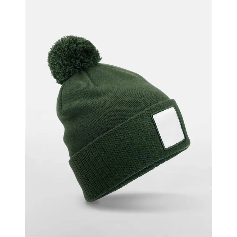 Beechfield Appliqué Patch Pom Beanie - Olive Green/White