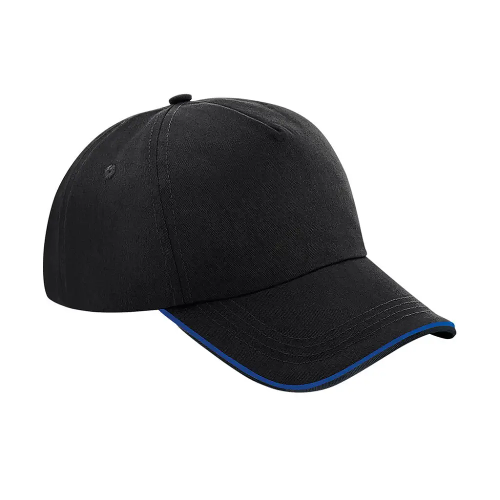 Beechfield Authentic 5 Panel Cap - Piped Peak - Black/Bright Royal