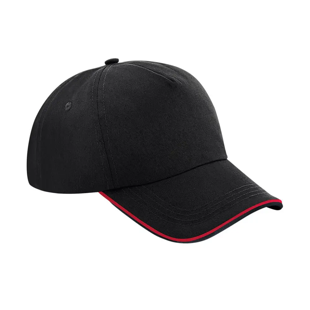 Beechfield Authentic 5 Panel Cap - Piped Peak - Black/Classic Red