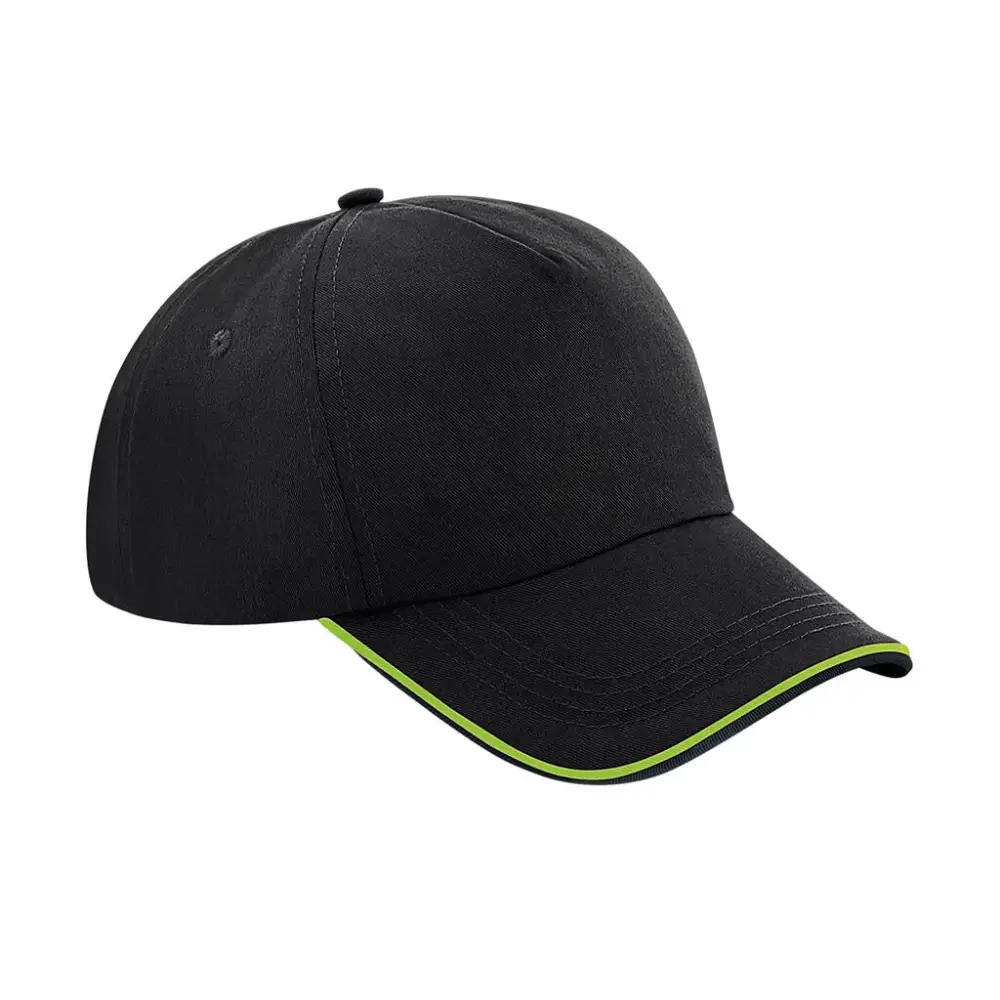 Beechfield Authentic 5 Panel Cap - Piped Peak - Black/Lime Green