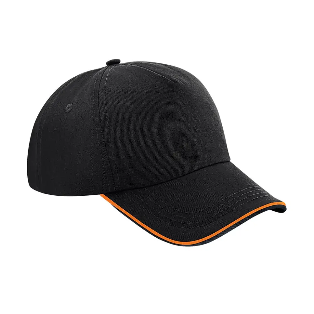 Beechfield Authentic 5 Panel Cap - Piped Peak - Black/Orange