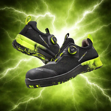 Black and neon green racer boost safety shoes with a sleek, modern design featuring breathable mesh upper material and distinctive circular lacing system.