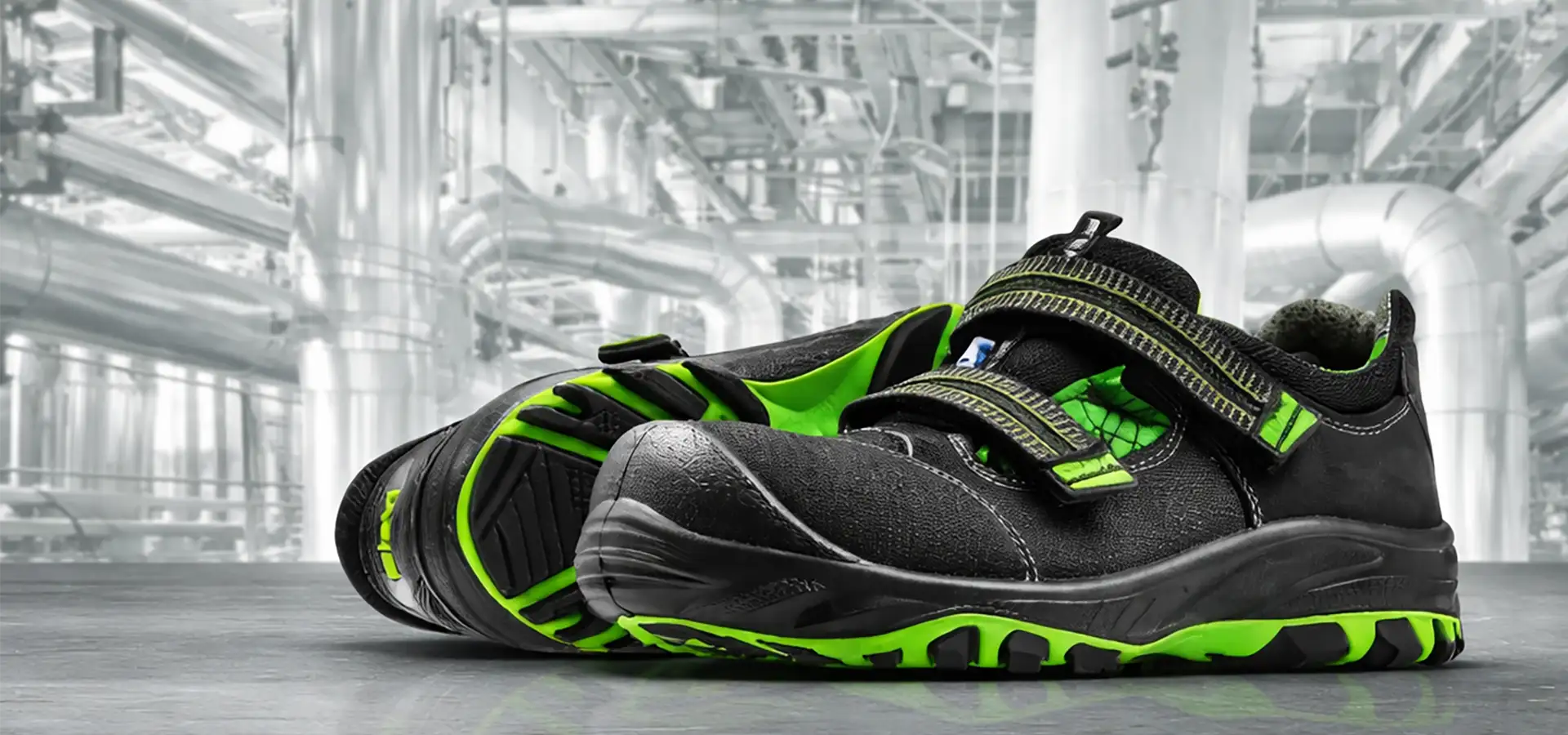 Black and neon green safety work shoe with durable rubber sole and velcro straps.slider_item_kWQqQF