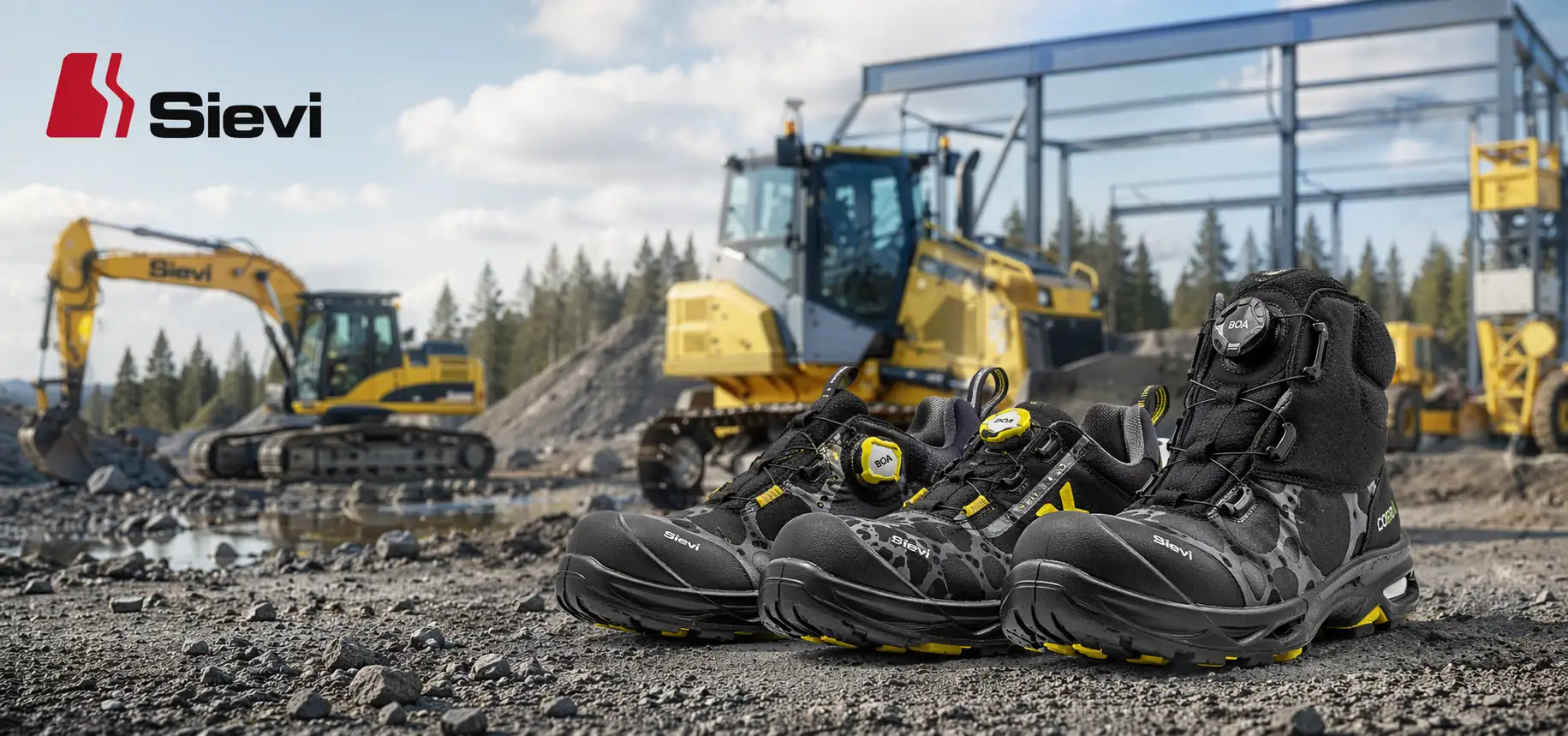 Black and yellow sievi safety boots with a rugged, durable design featuring breathable mesh panels and adjustable booted closures.slider_item_AXgt3p