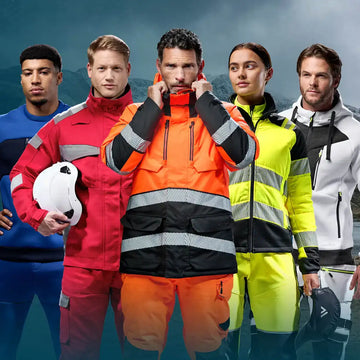 Orange high-visibility safety jacket with black reflective stripes and reinforced pockets