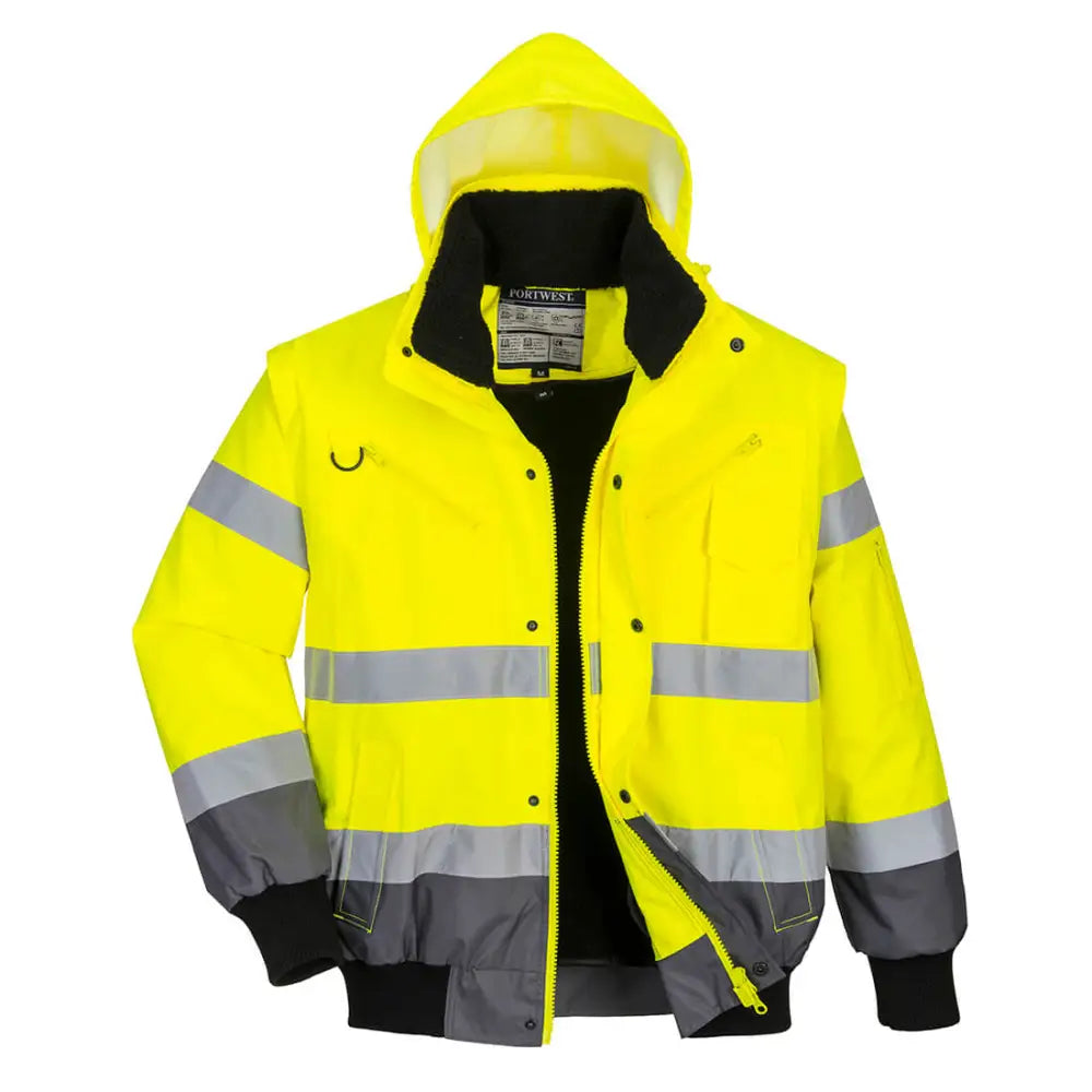 Portwest Hi-Vis 3-in-1 Contrast Bomber Jacket - Yellow/Grey / L