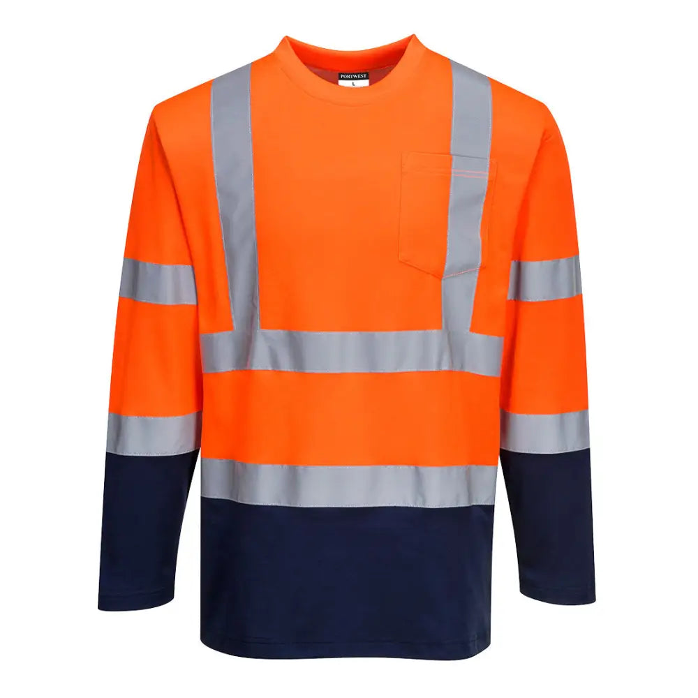 Portwest Hi-Vis Cotton Comfort Contrast T-Shirt L/S - Orange/Navy / L