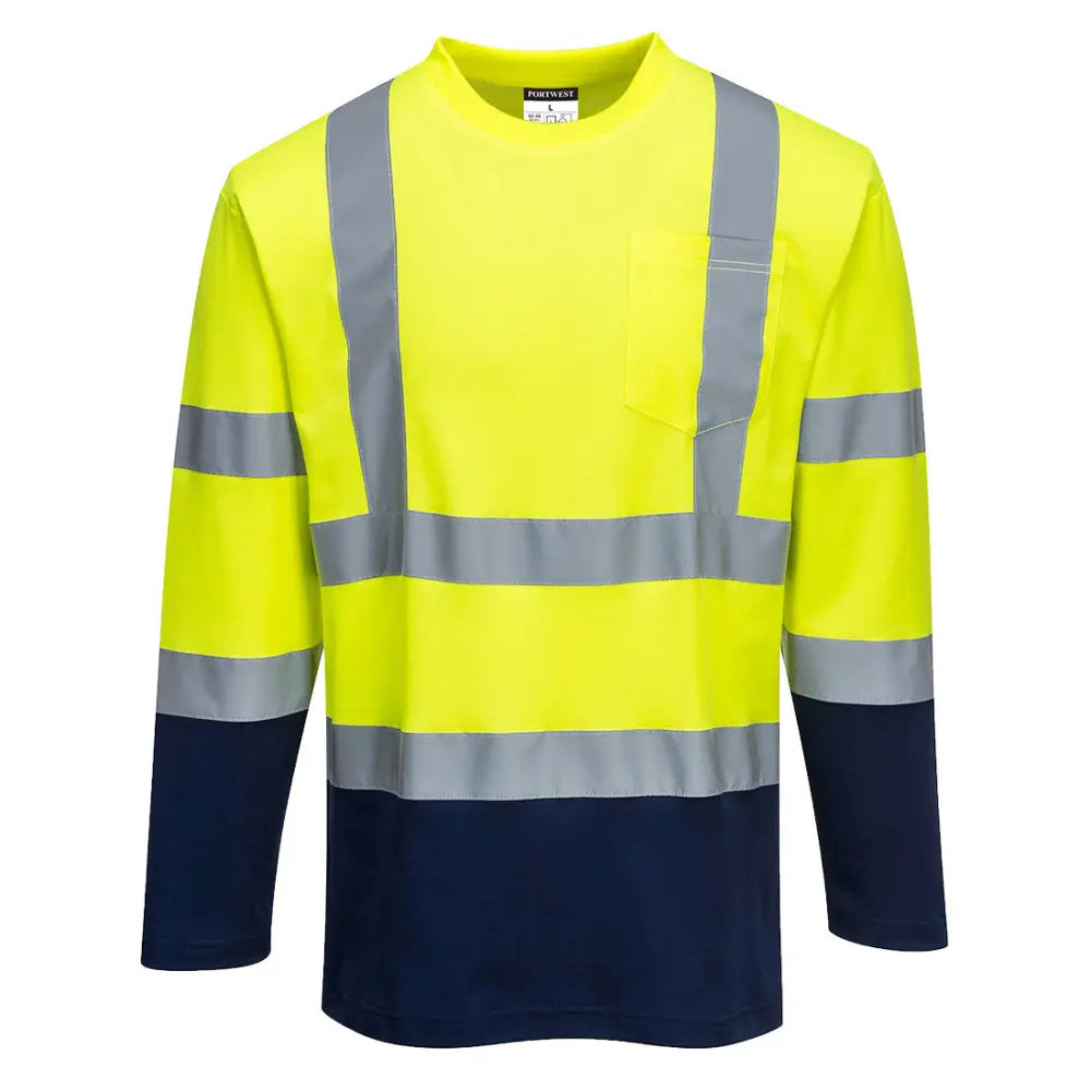 Portwest Hi-Vis Cotton Comfort Contrast T-Shirt L/S - Yellow/Navy / L