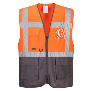 Portwest Warsaw Hi-Vis Contrast Executive Vest - Orange/Grey / L