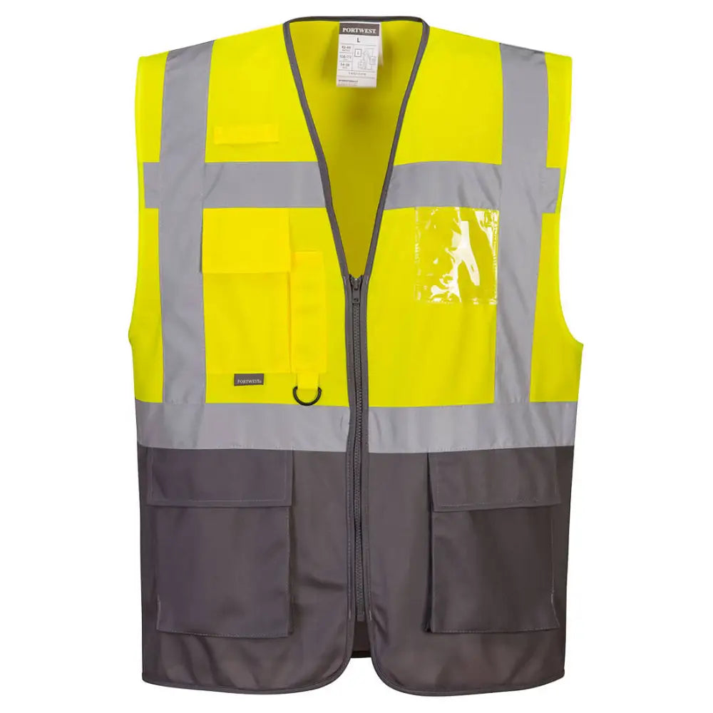 Portwest Warsaw Hi-Vis Contrast Executive Vest - Yellow/Grey / L
