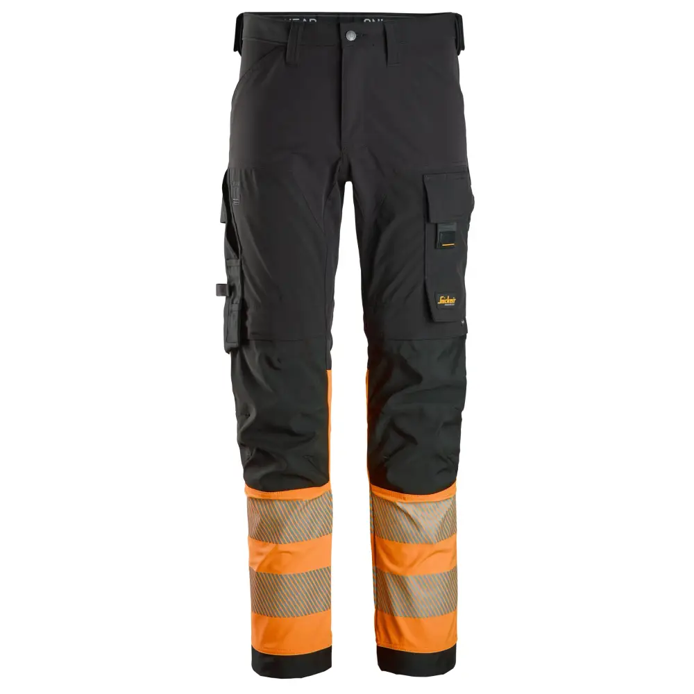 Snickers High-Vis 4-way Stretch Trousers Class 1 6335 - Black - High Visibility Orange - 0455 / 44